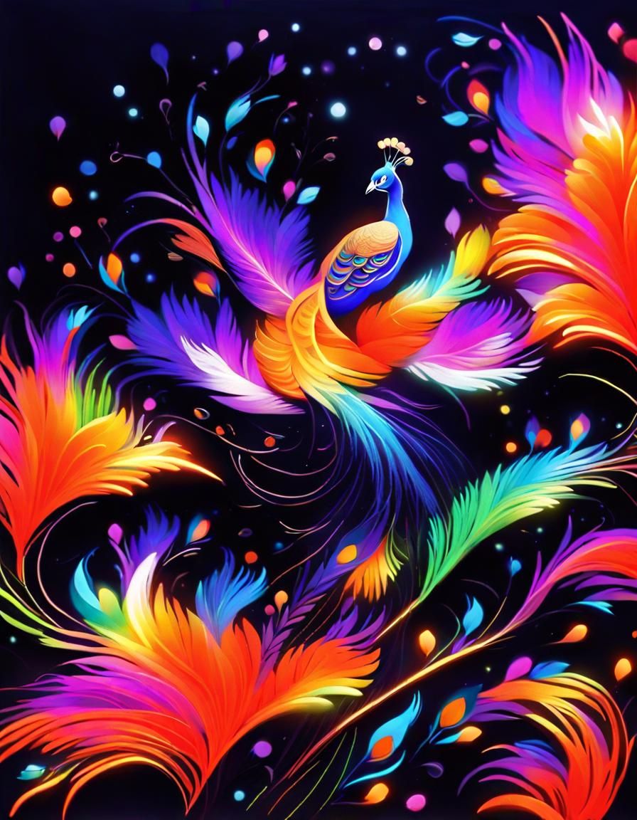Neon Fluorescent Peacock in Flight on Black Velvet