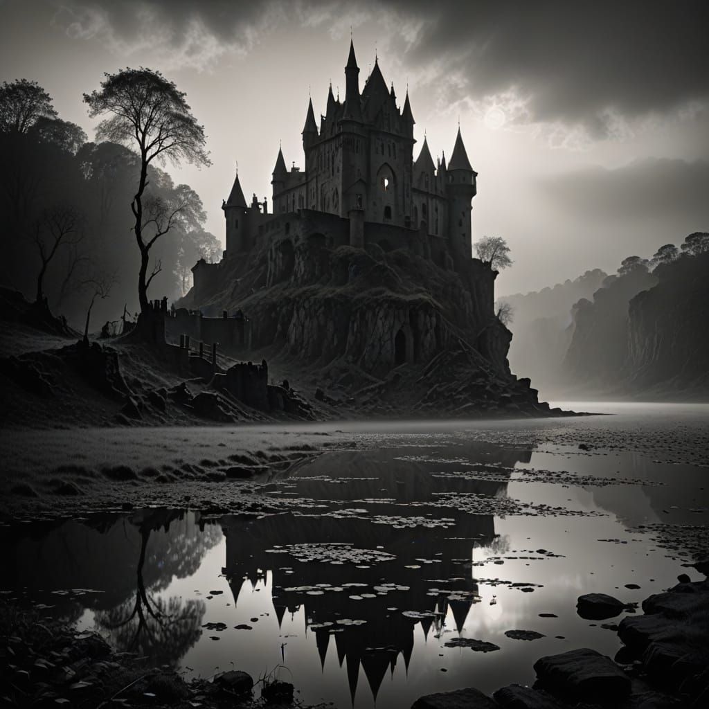 Moody Castle Scene in High-Contrast Monochrome