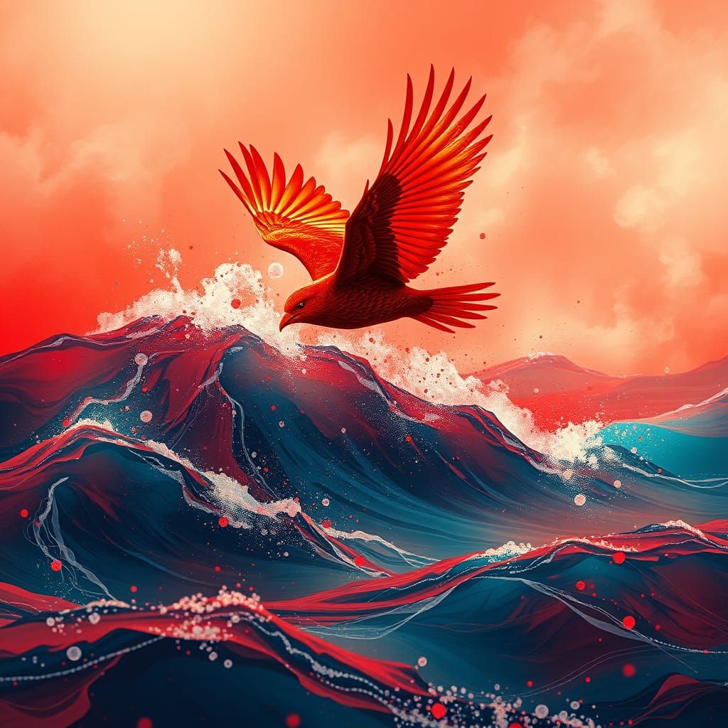Red Bird Flies Over Red Ocean in Alcohol Ink Style