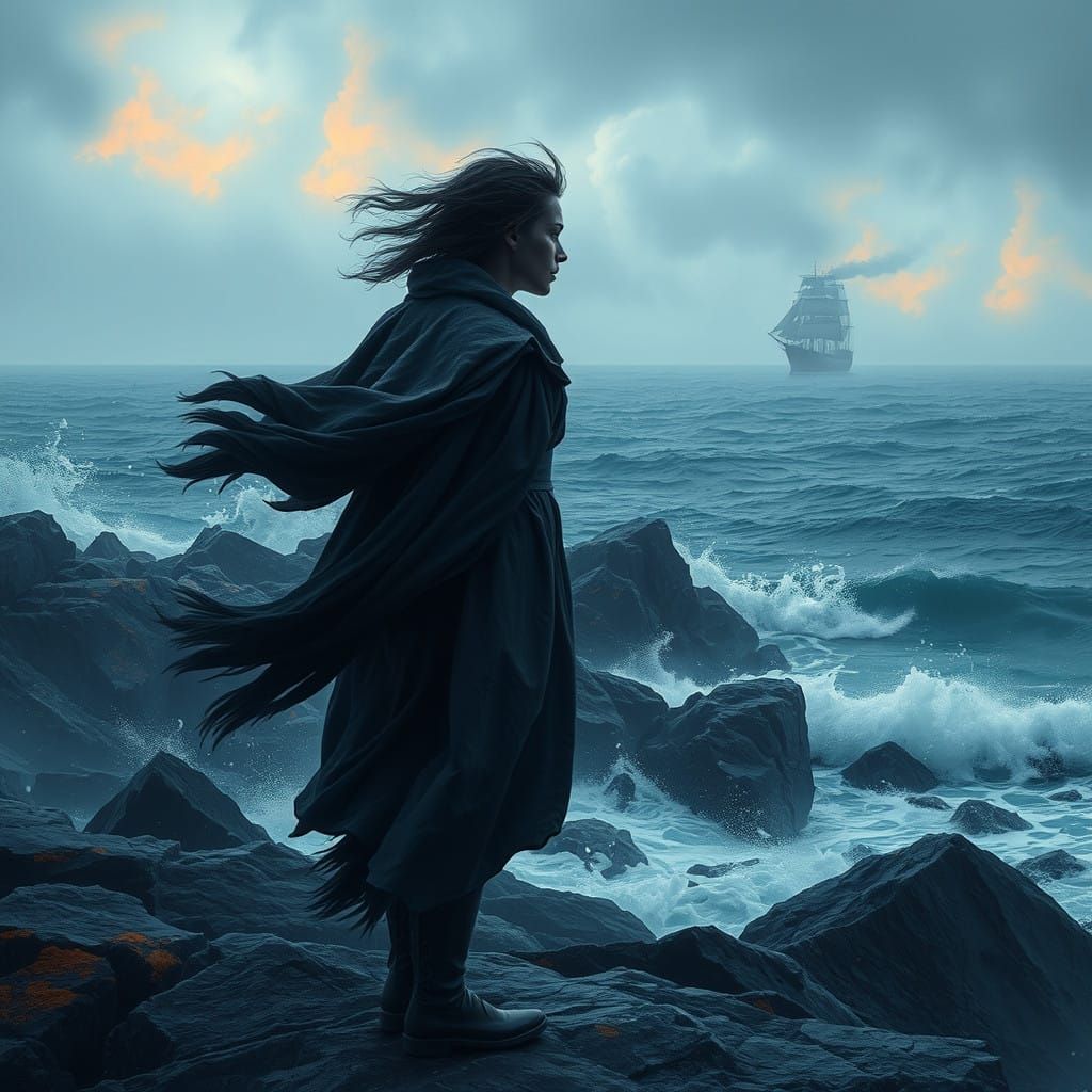 Figure Lost in Windswept Landscape, Distant Ship's Smoke on...