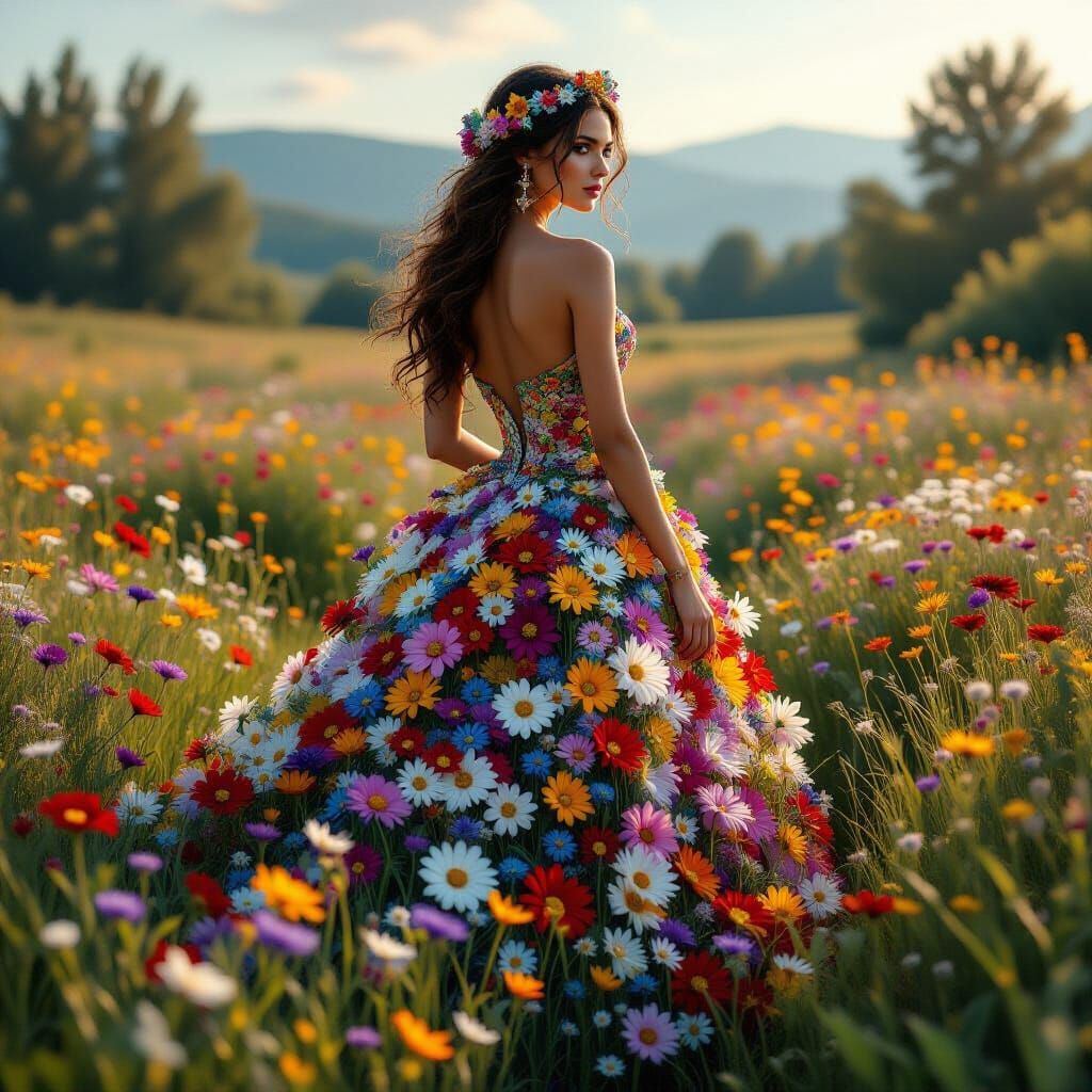 Fantastical Wildflower Dress on Woman in Matte Painting Styl...