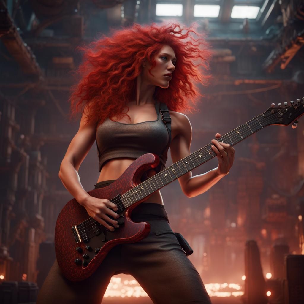 Red-Haired Woman Plays Guitar: Detailed Digital Art
