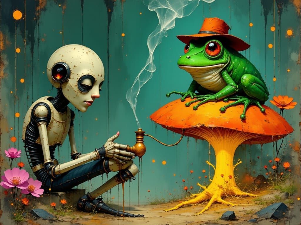 Melancholy Robot and Frog in Whimsical Landscape
