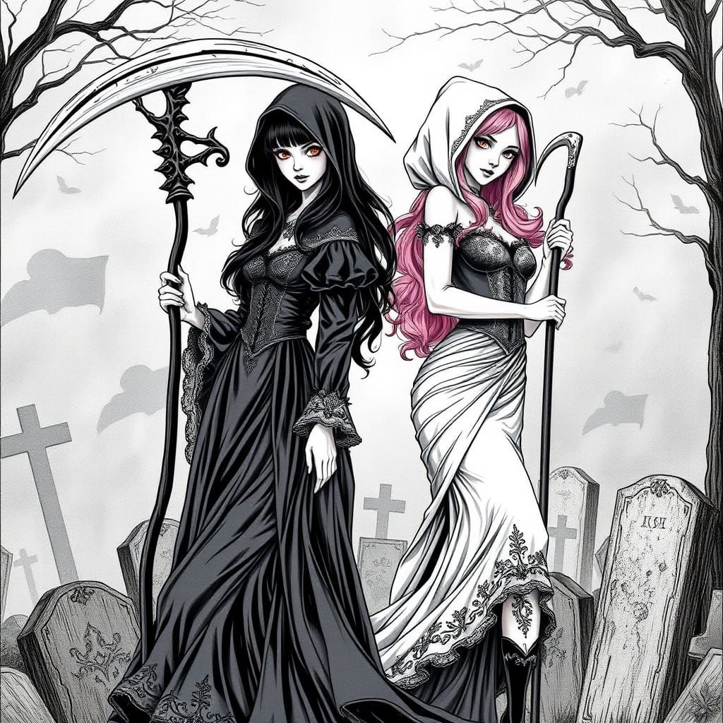 Gothic Reaper Sisters Stand Together in Misty Cemetery