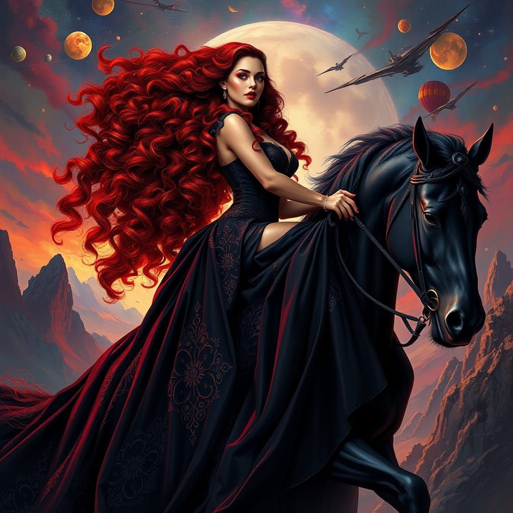 Goddess of Night Riding a Majestic Black Stallion