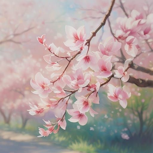 Whimsical Watercolor Magnolia Tree in Soft Sunlight