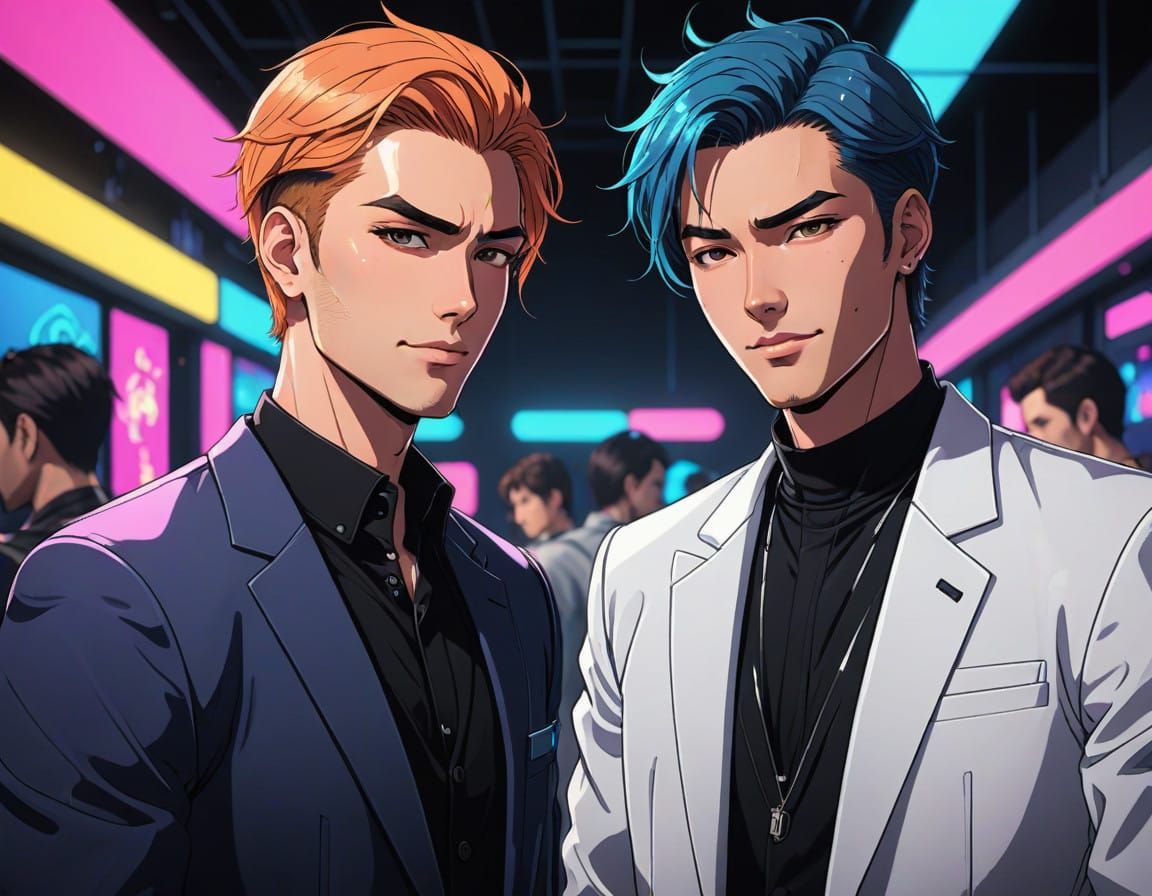 Cyberpunk Gay Anime Couple in Neon Nightclub