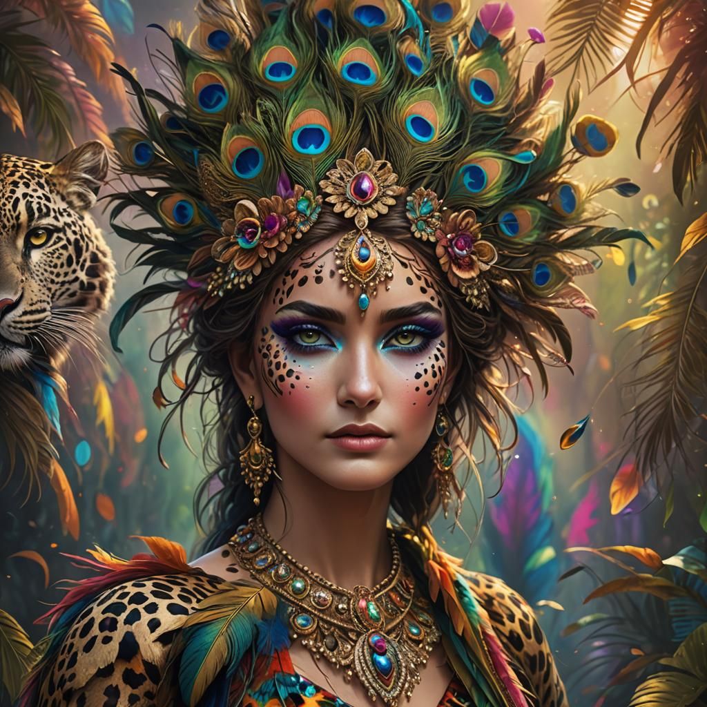 Fantastical Woman with Peacock Feathers, Digital Art