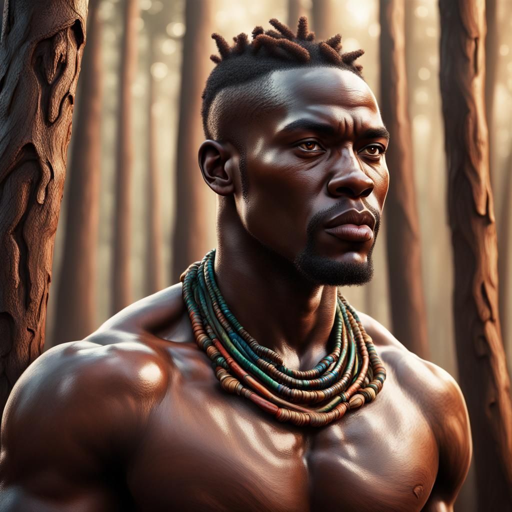 Hyperrealistic African Tribal Warrior in Colorful Forest