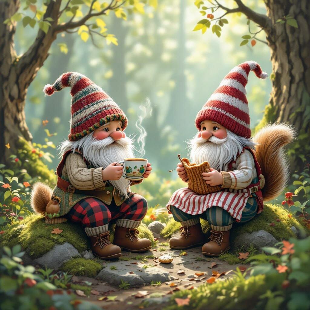 Gnome Village Scene in Forest Sunlight