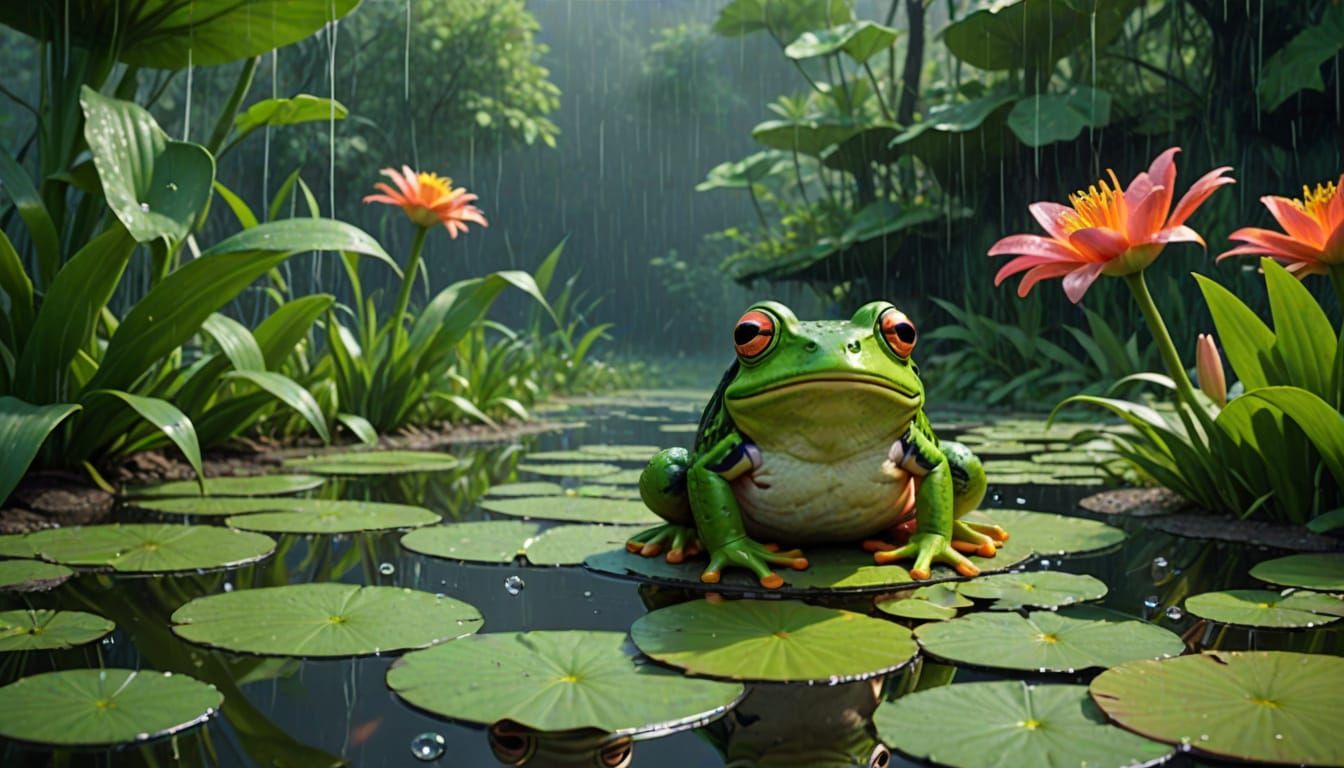 Animated Frog Watching Rain in Vibrant Swamp