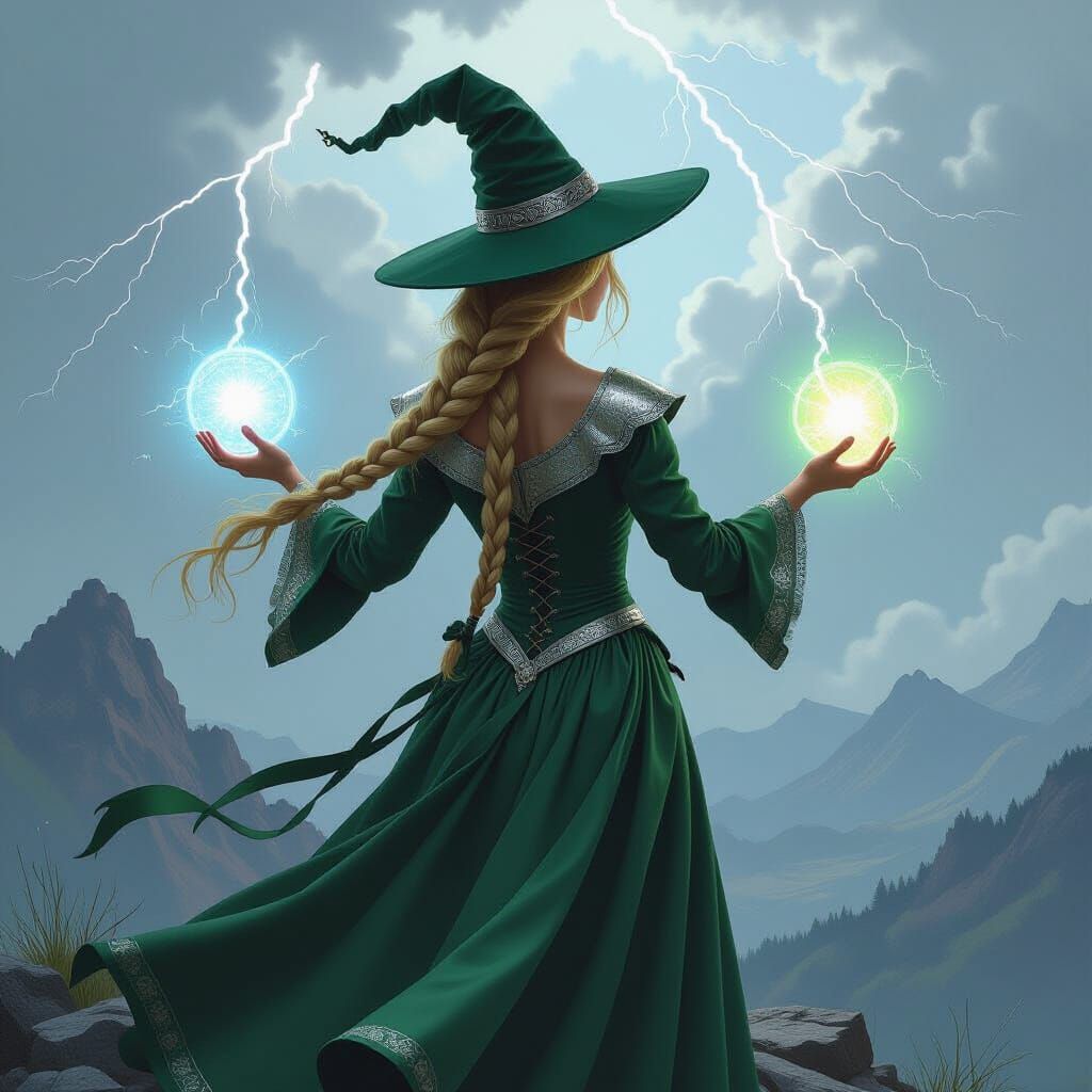 Fantasy Witch With Light Orbs on Mountain