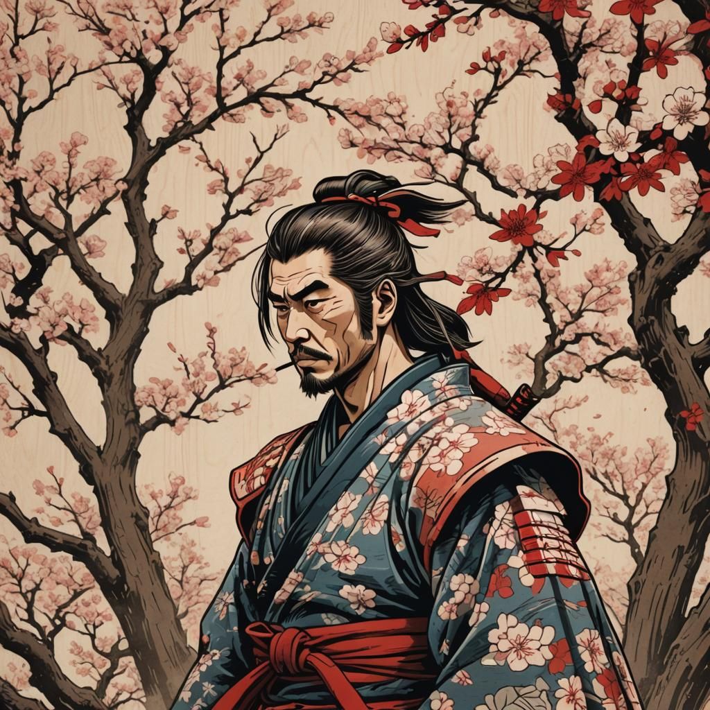 Samurai in Serene Garden: Japanese Woodcut Art
