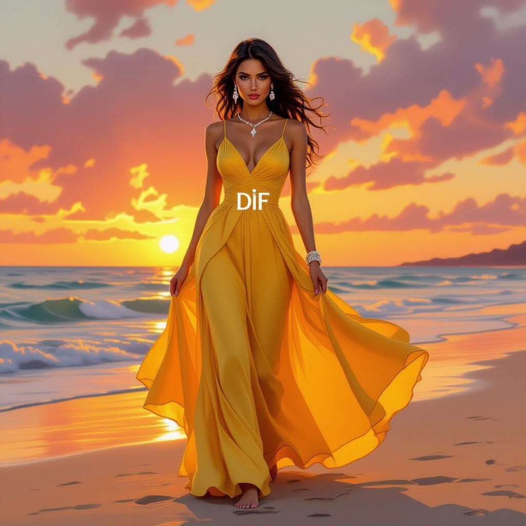 Woman in Yellow Dress with Diamond Jewelry at Sunset