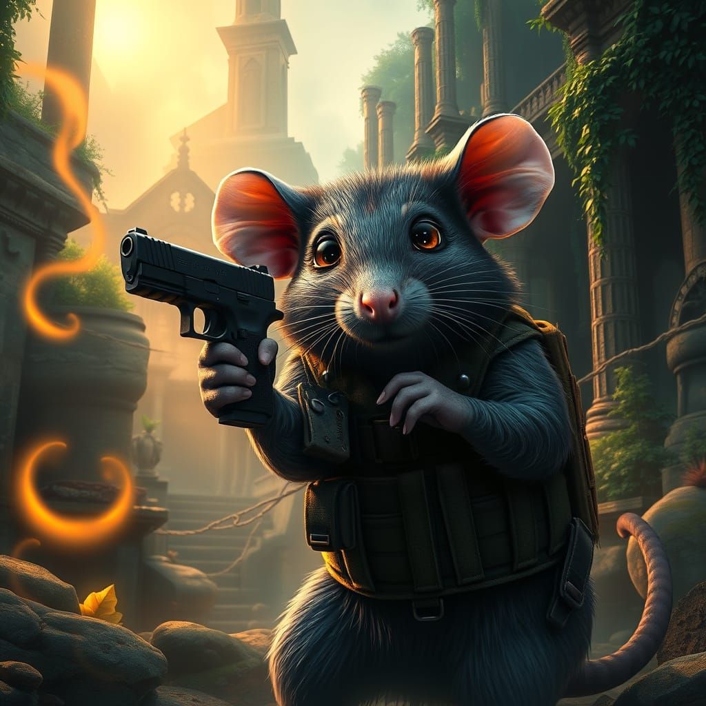 Majestic Big-Eyed Rat Wields Glock in Ancient Ruins
