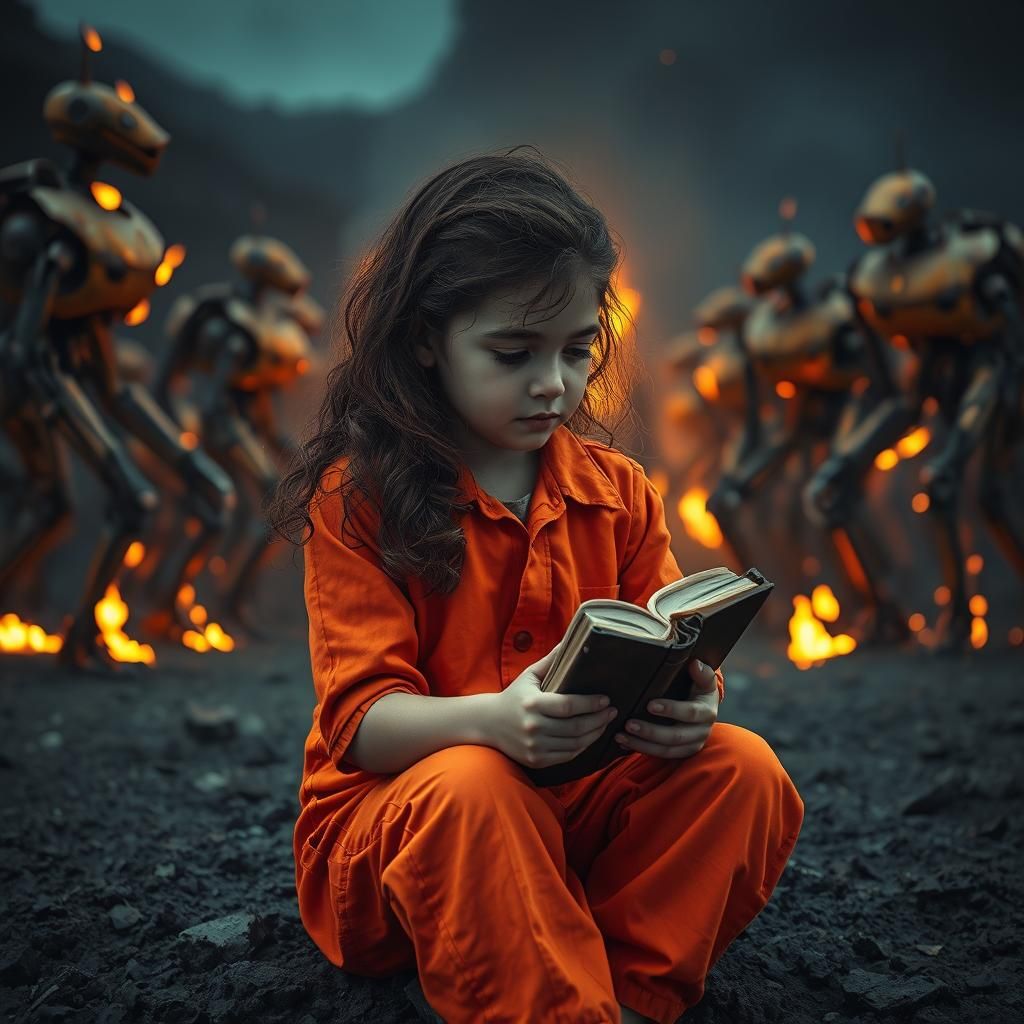 Girl in Dystopia: Burning Robots in Hyperrealistic Style