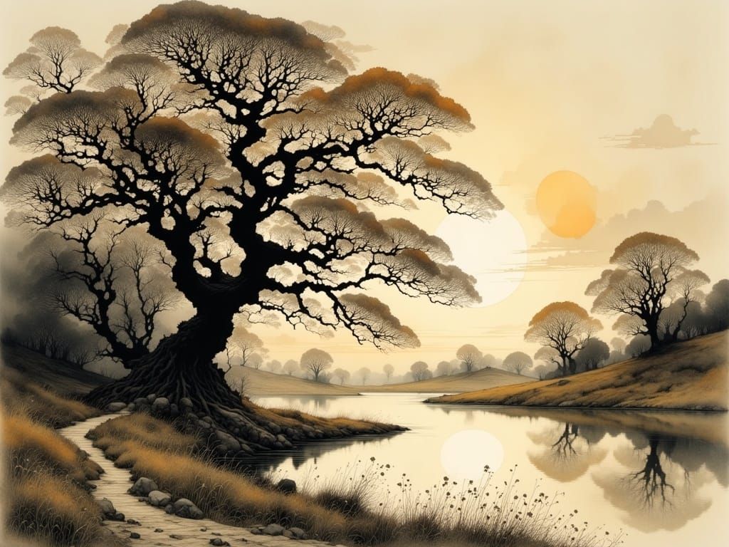 Lake Landscape with Oak Trees: Intricate Ink Drawing