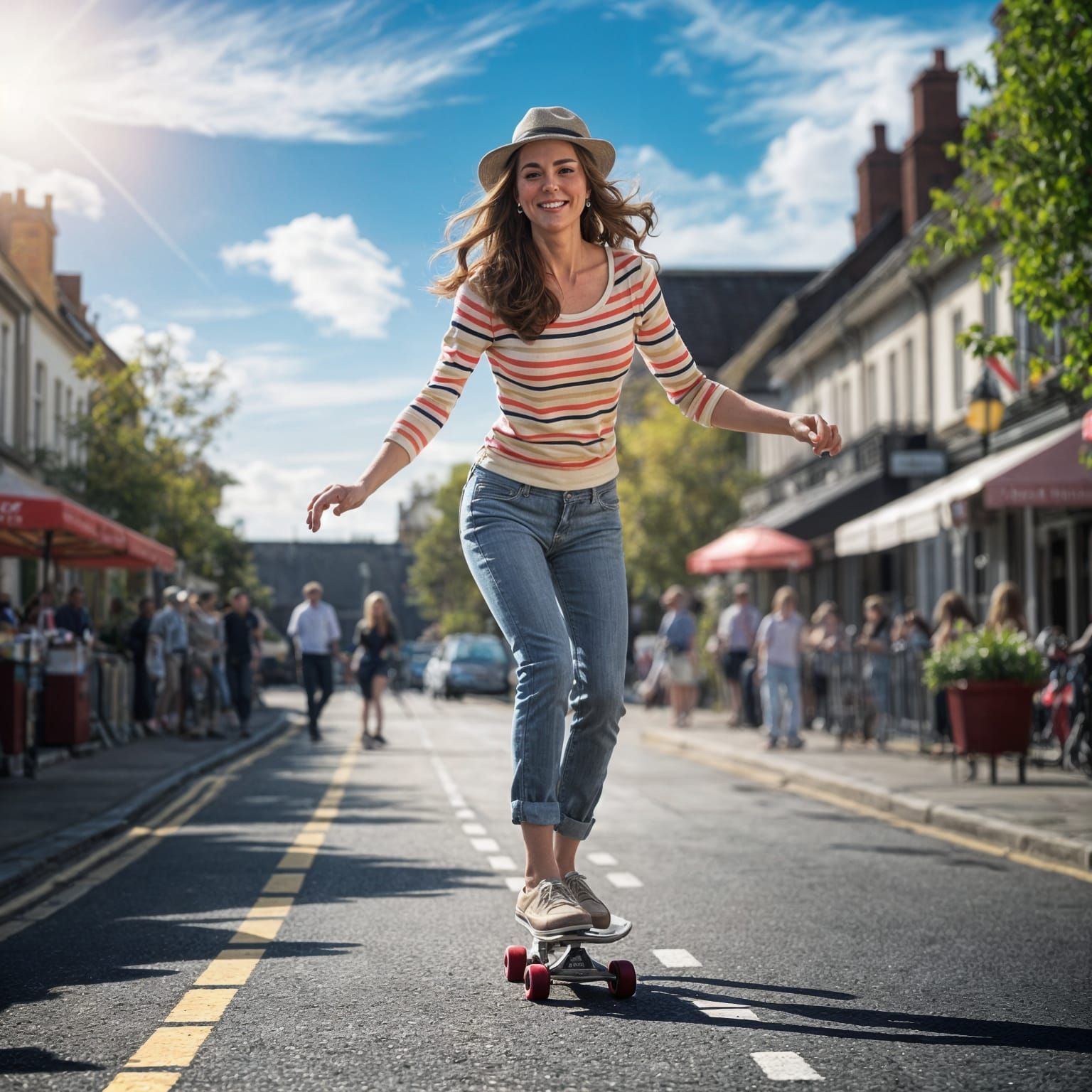 Woman Skateboarding Happily on Sunny Street