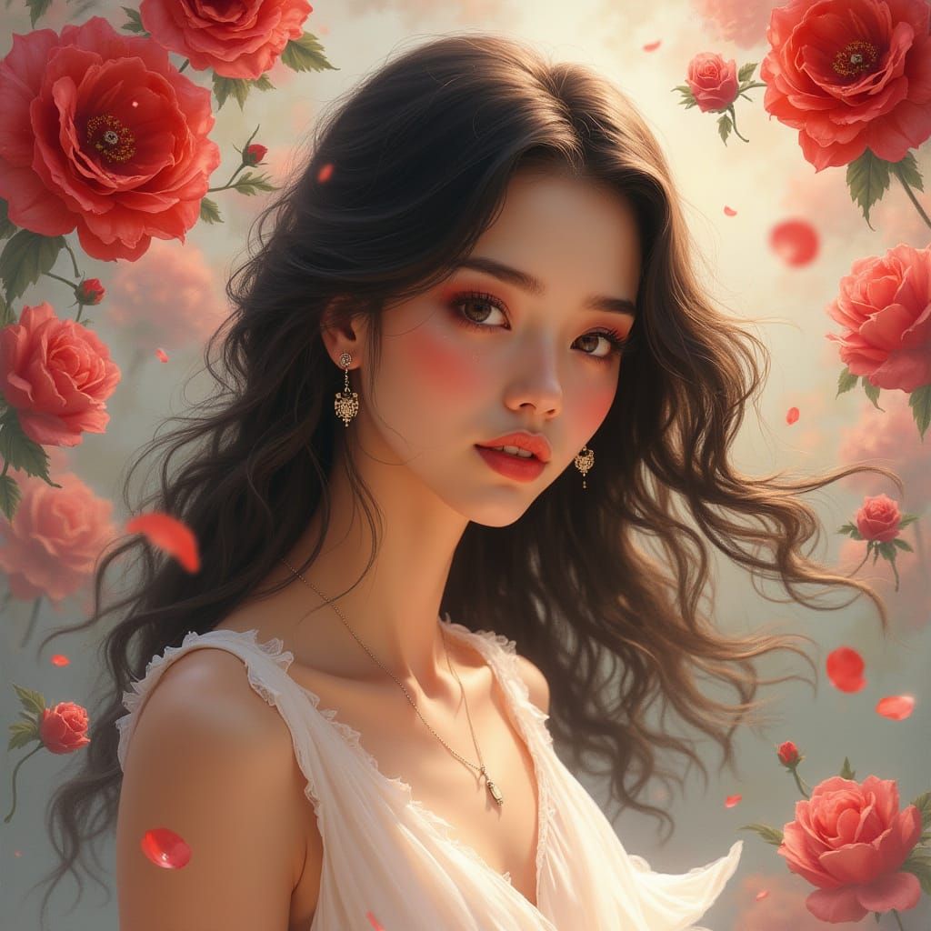 Dreamy Woman in Roses, Watercolor Illustration