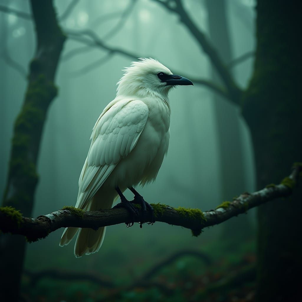 Majestic White Raven in Eerie Emerald Forest