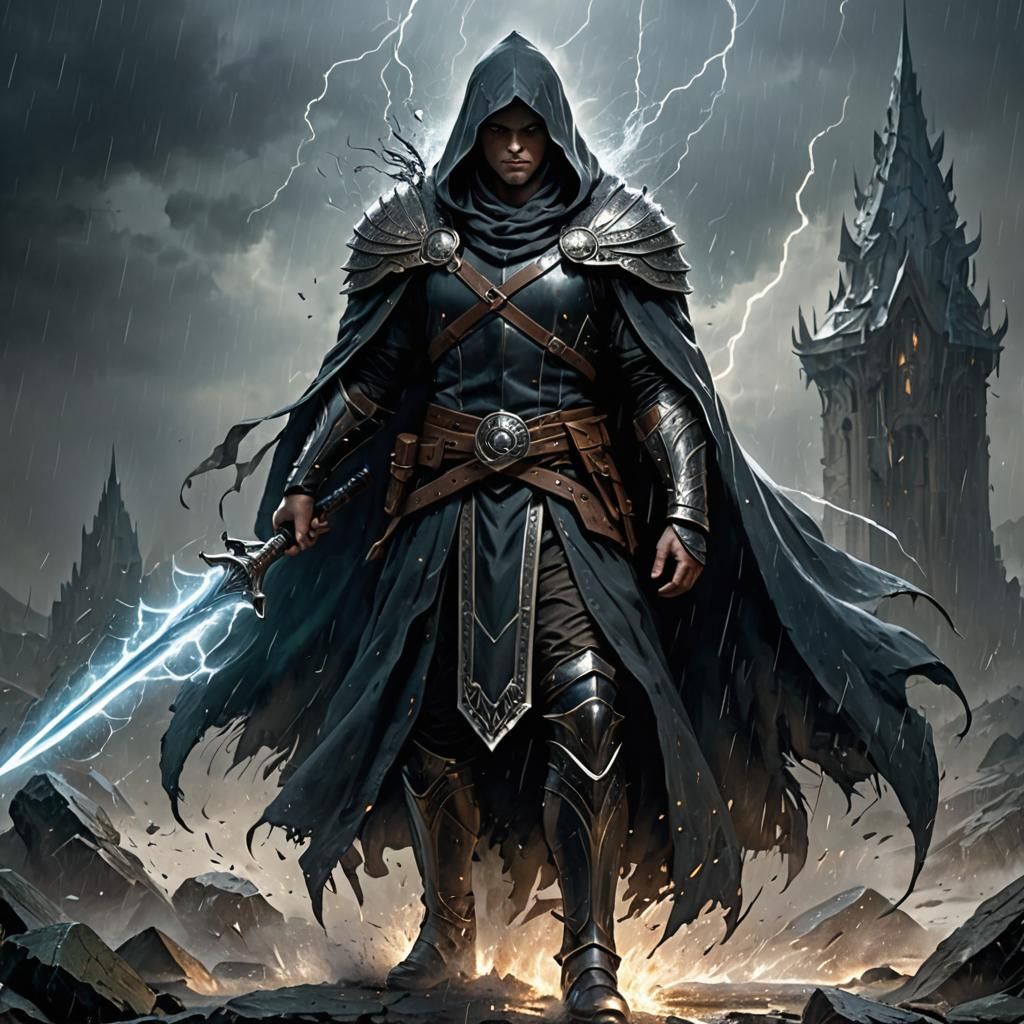 Enigmatic Hooded Warrior with Glowing Sword