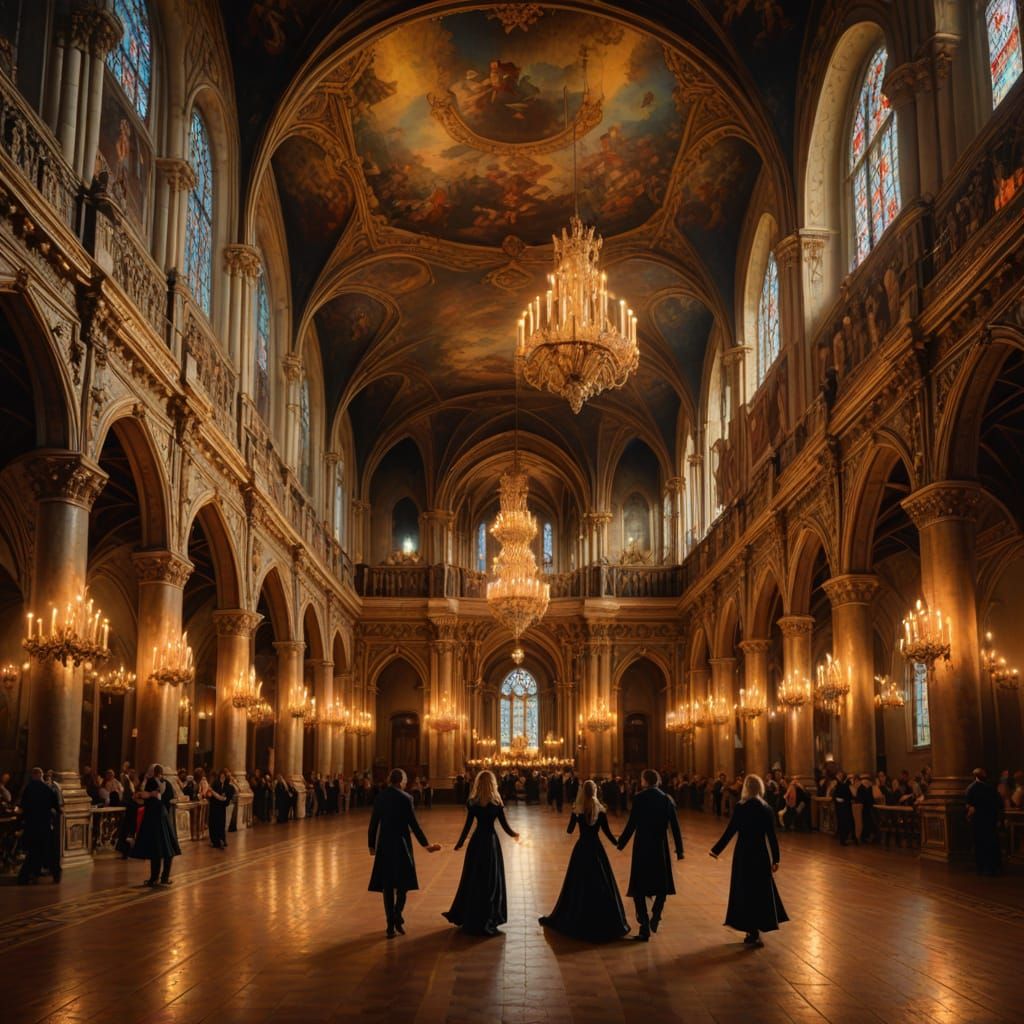 Grand Medieval Ballroom in Baroque Oil Painting Style