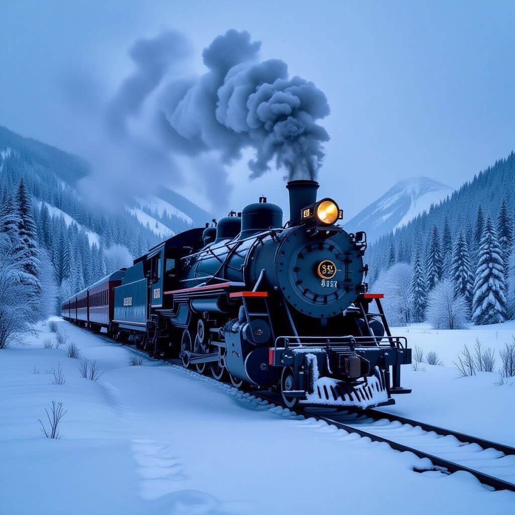 Abandoned Snow-Covered Locomotive in Silent Mountain Landsca...