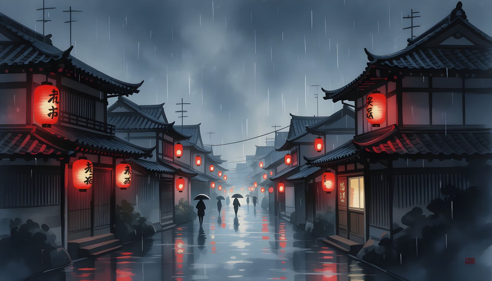 Rainy Night Village in Japanese Ink Painting Style