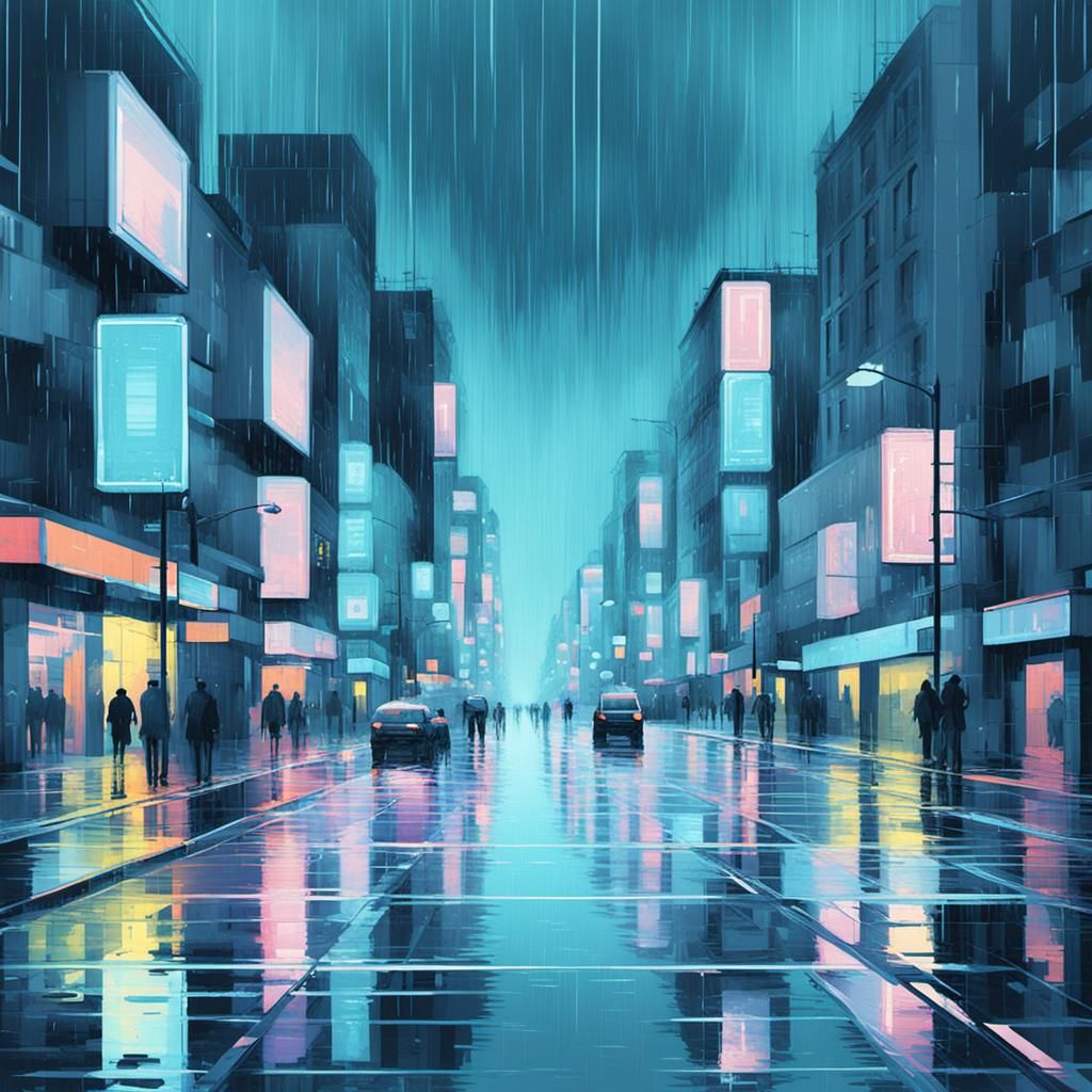City in rain storm.