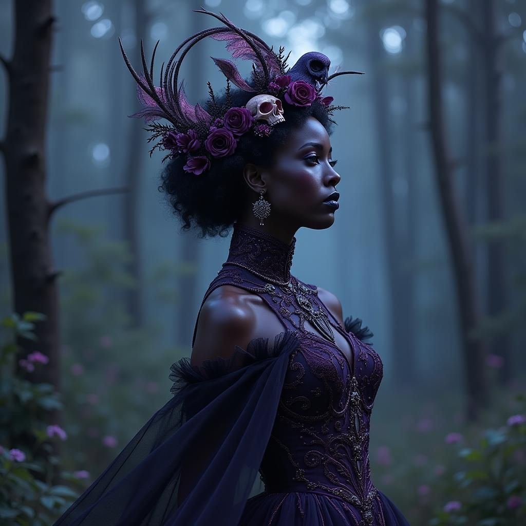 Gothic Death Goddess in Silver and Purple Gown