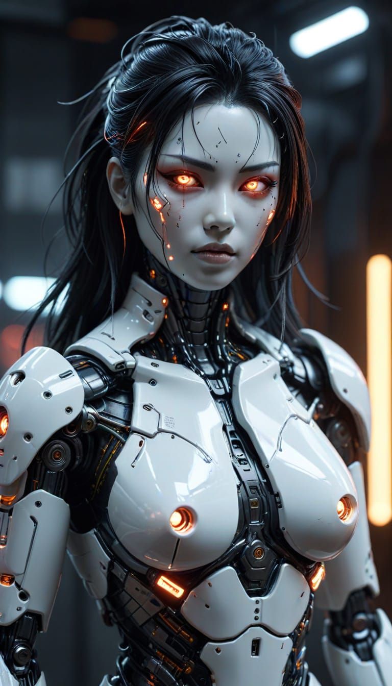 Frightening Japanese Gynoid with Cyberpunk Neon Background