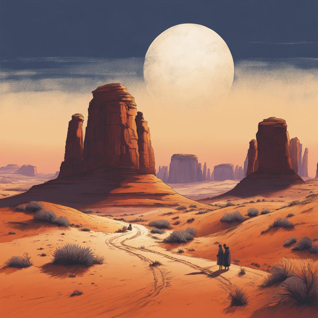 Desert Dawn Landscape Painting with Ancient Caravan