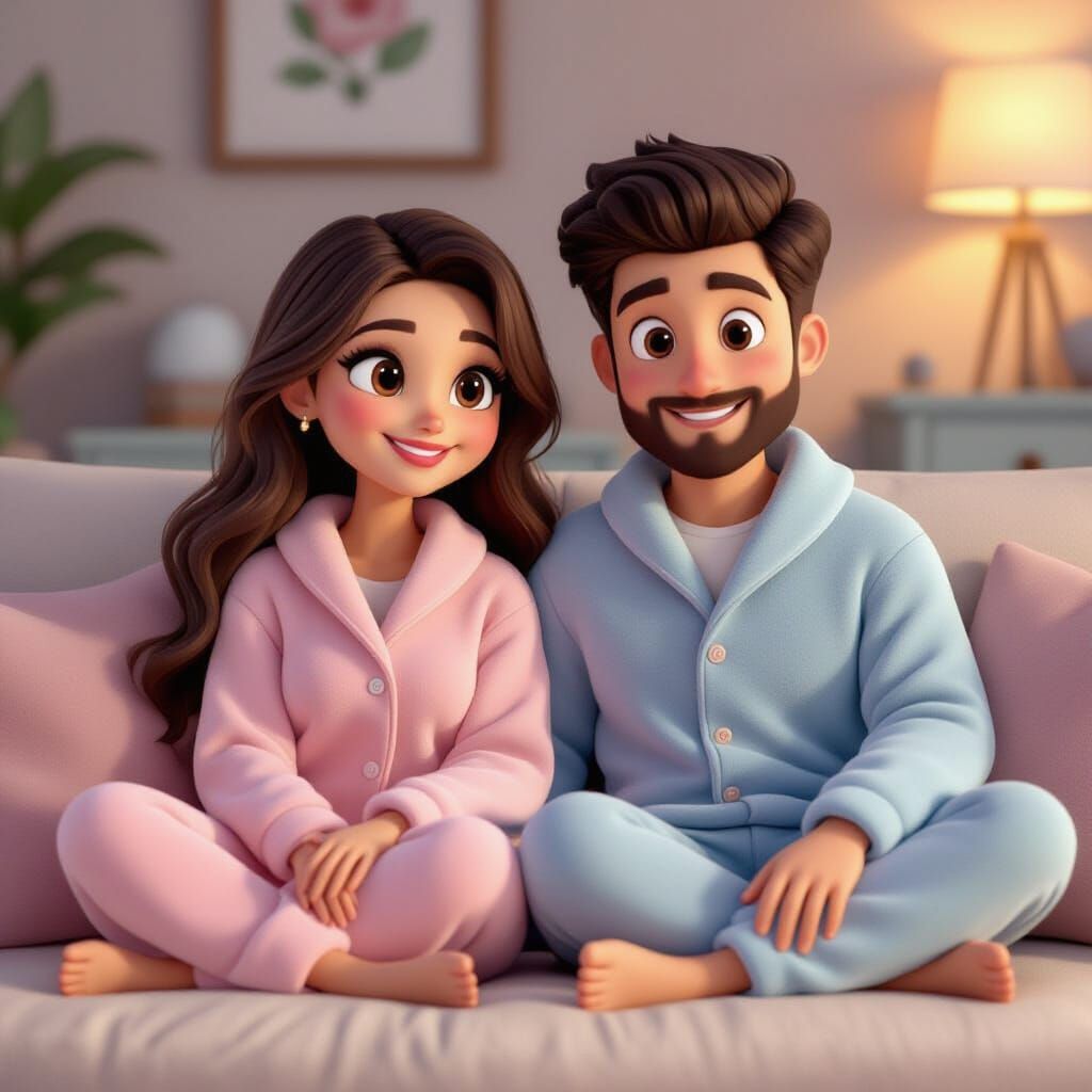 Cozy Couple in Plush Pajamas on Sofa in 3D Animation Style