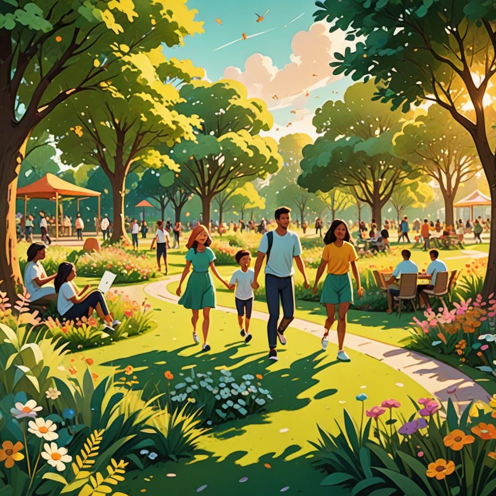 Whimsical Park Scene With Happy Figures