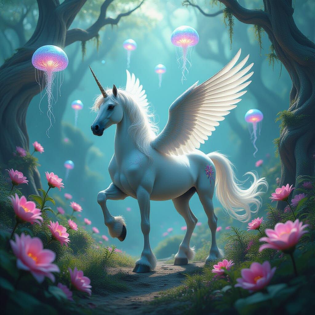 Mythic Pegasus-Centaur Hybrid in Luminous Floral Rainforest