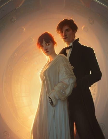 Victorian Couple Inside the TARDIS: Hyperdetailed Portrait