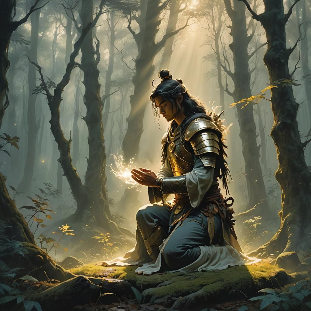 Mystical Warrior Praying in Misty Forest