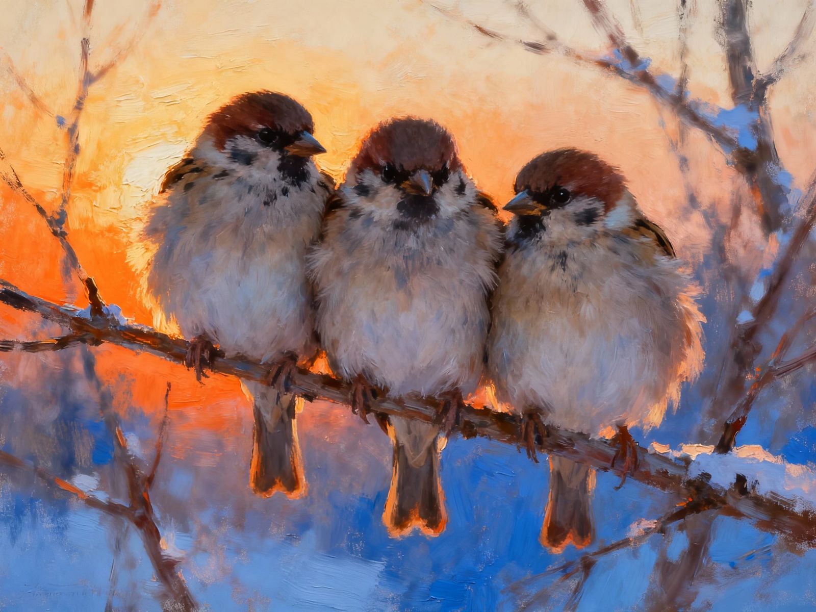 Three Sparrows on a Branch at Sunrise in Painterly Realism