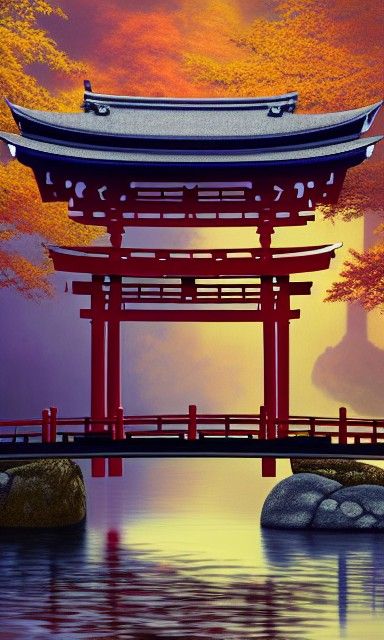 Japanese Temple Waterside Scene in Digital Art