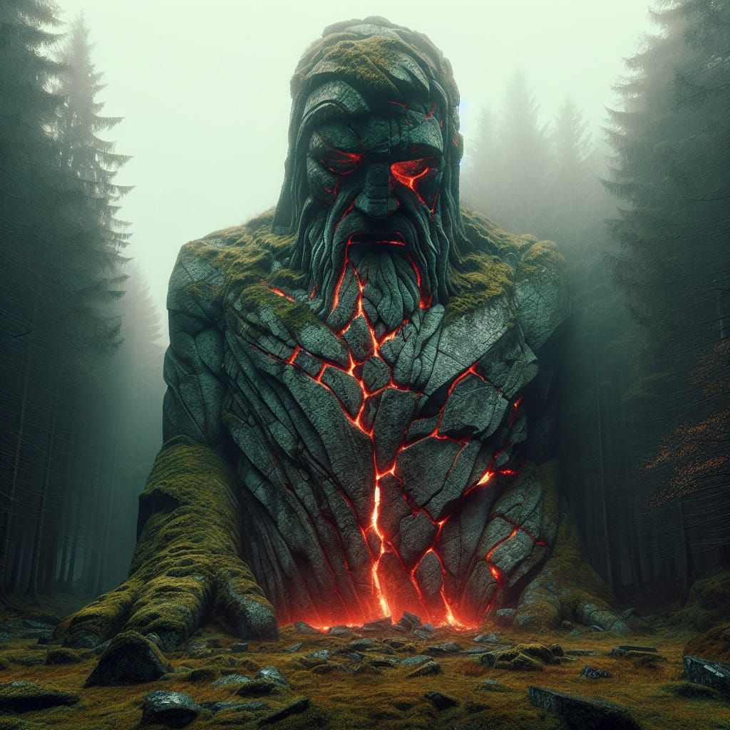 Colossal Stone Figure with Molten Fissures