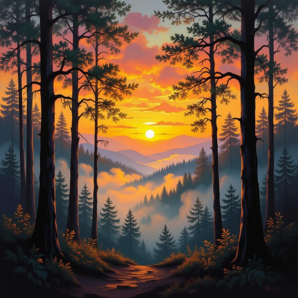 Van Gogh Style Forest Sunrise Through Ethereal Fog