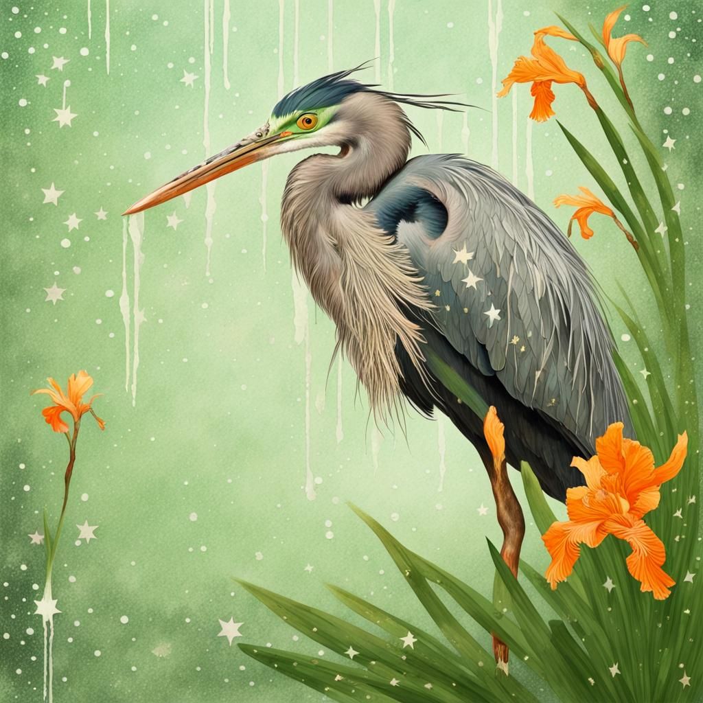 Hyperrealistic Heron with Floral Branch in Japanese Style