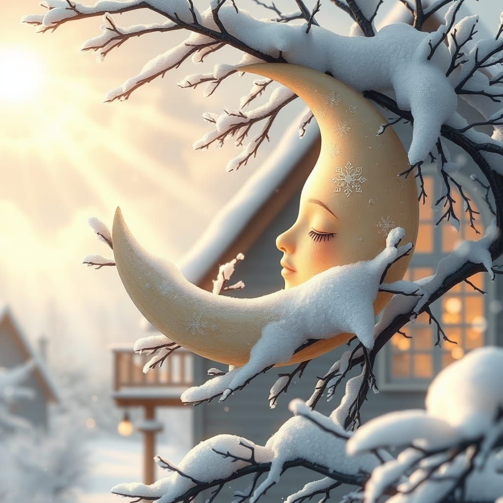 Sleepy Crescent Moon in Winter Tree, 3D Illustration