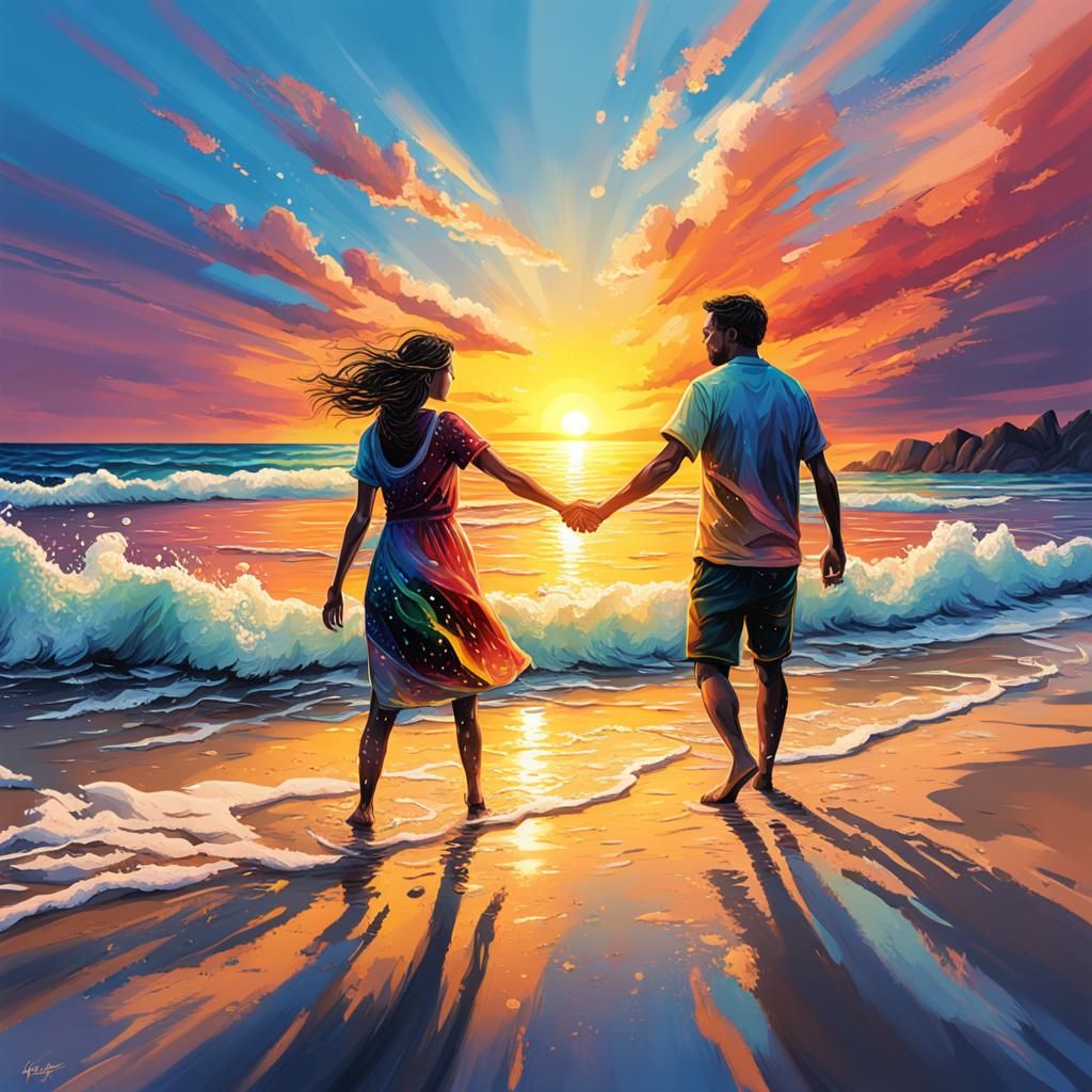 Romantic Beach Sunset Couple in Hyperrealistic Style