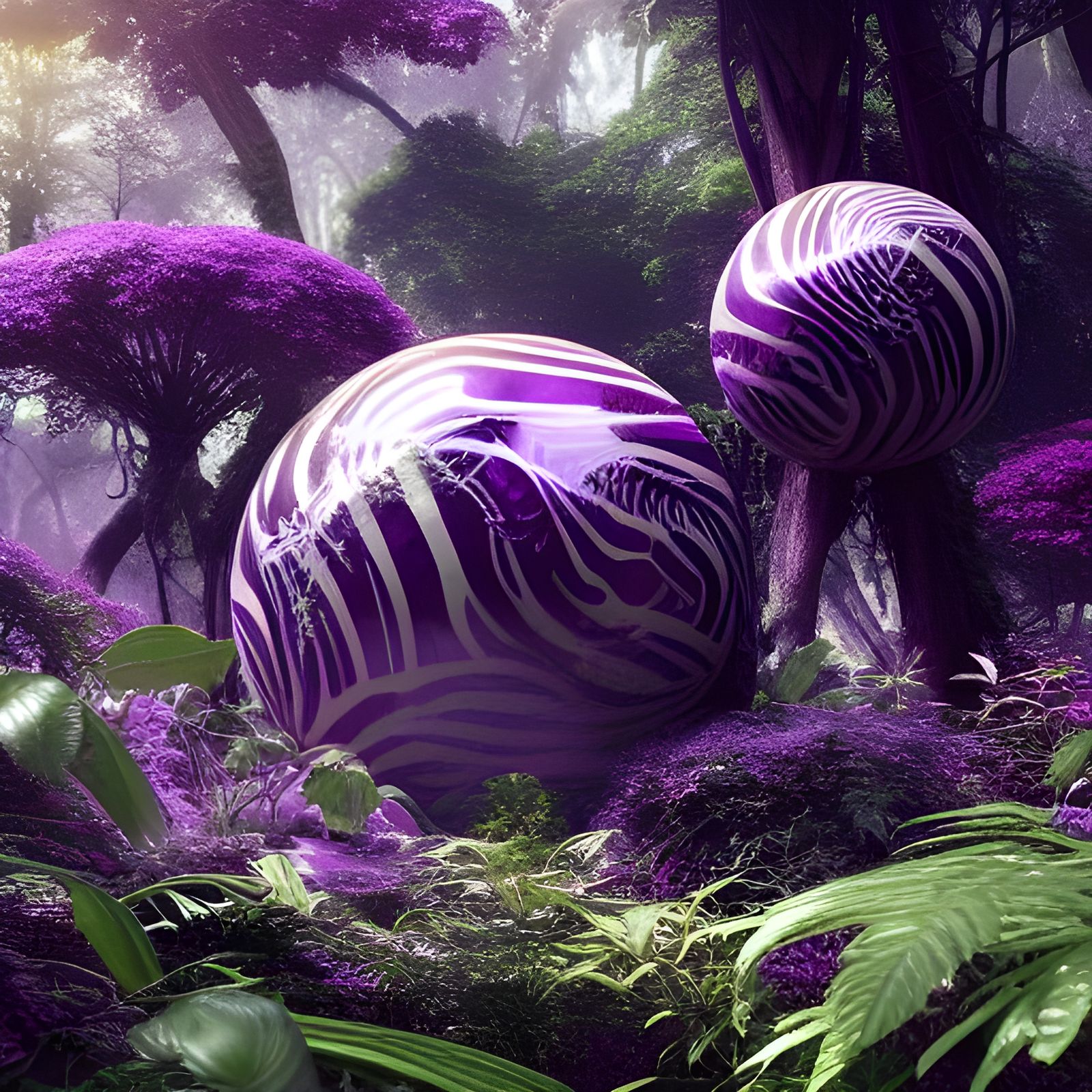 Purple Zebra Sphere in Jungle, Art Nouveau Style