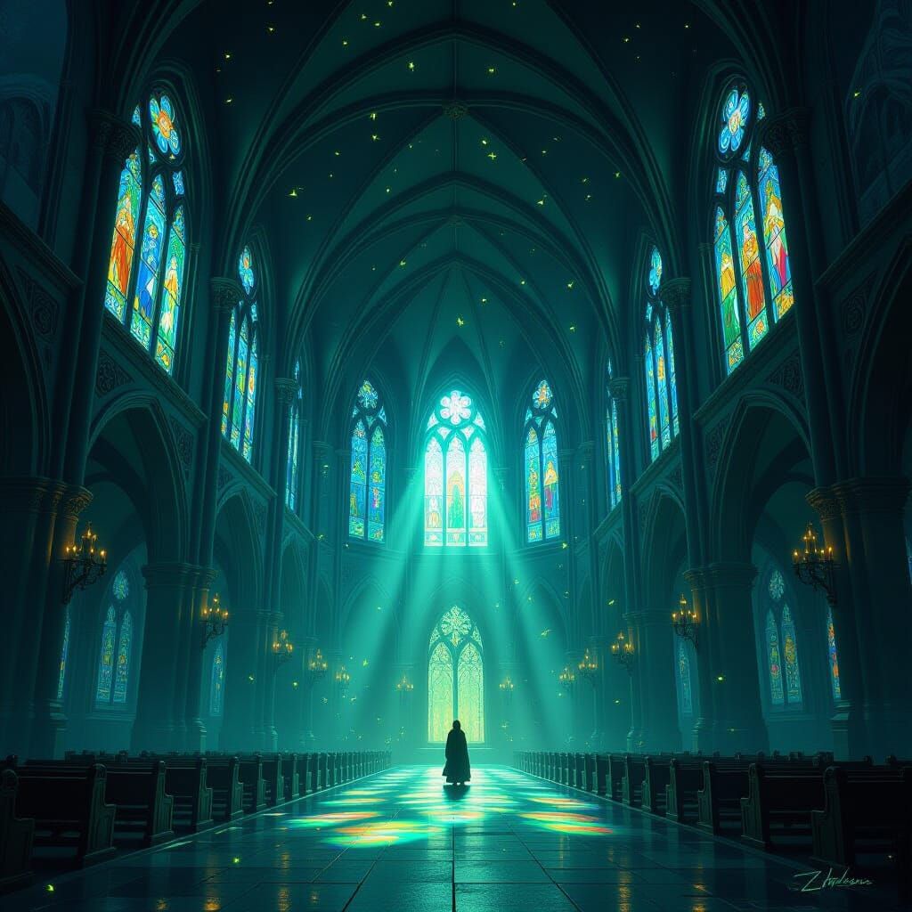Ancient Cathedral Aglow with Fireflies in Dark Fantasy Style