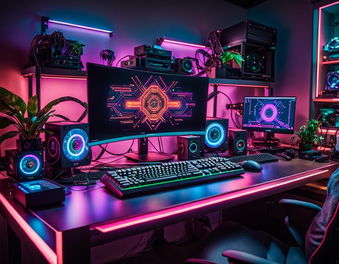 Synthwave Bitcoin Mining Rig in Professional Photo