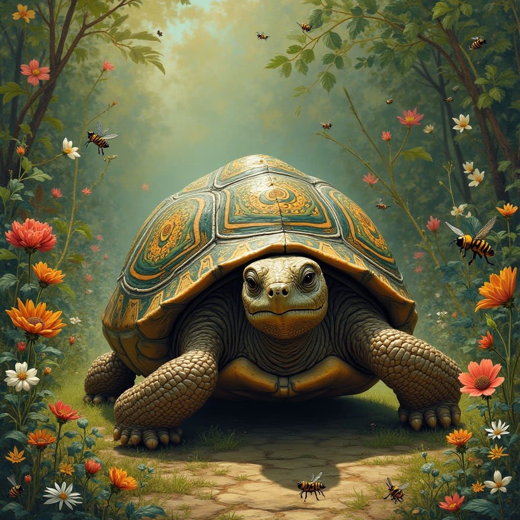 Art Nouveau Turtle in Lush Garden