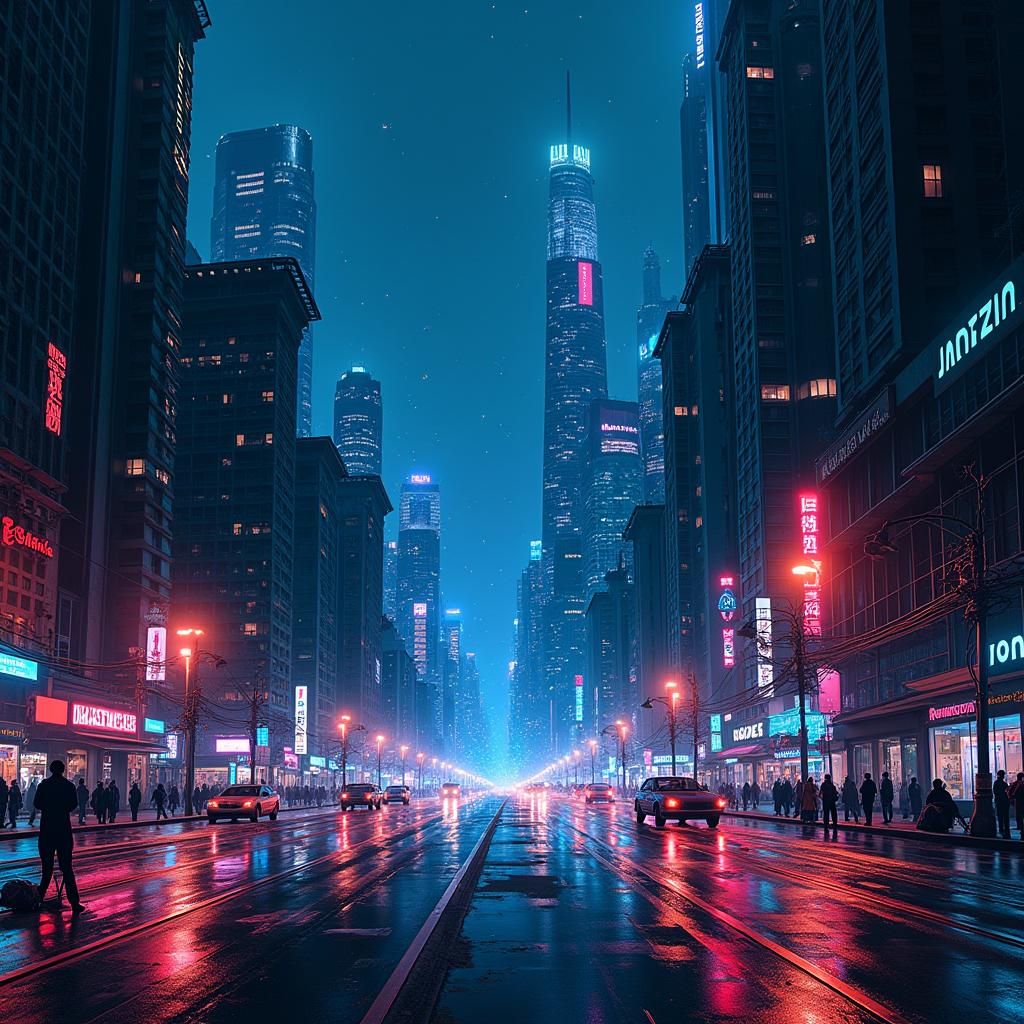 Anime Night Cityscape with Neon Reflections