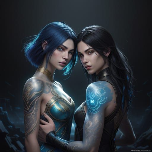 Teen Couple with Celestial Tattoos in Misty Ruins